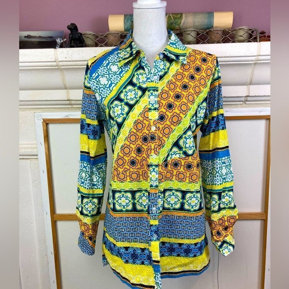NWOT Van Gogh colors eyelet long button down 2 way sleeves, oversized
